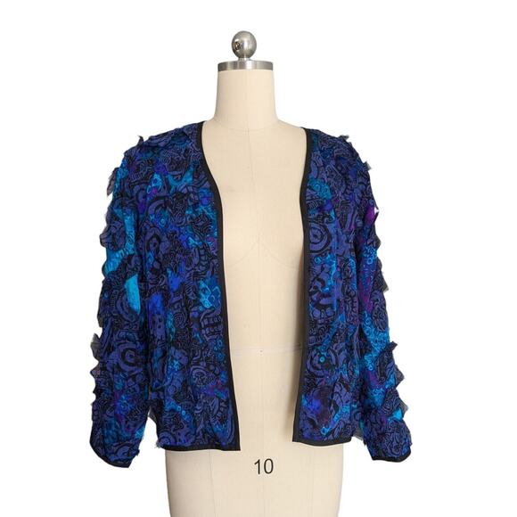 Vintage Chicos Silk Jacket Topper Blazer S Blue Black Art Eclectic Funky Floral - Picture 4 of 11